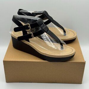Journey Womens Bianca Black Wedge Sandals Dual Buckle Straps Size 8